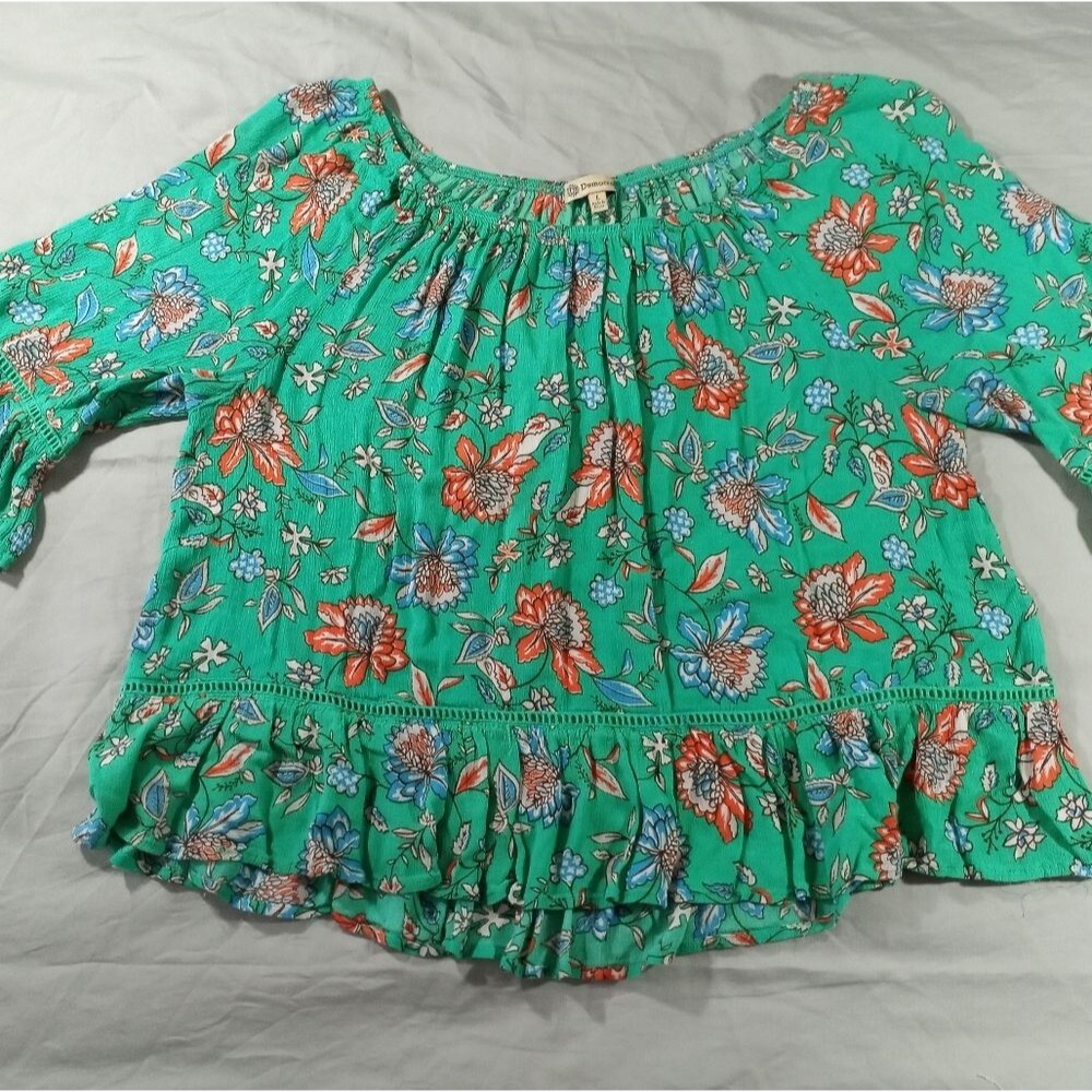 Democracy Green Floral Flouncy Top Blouse size L